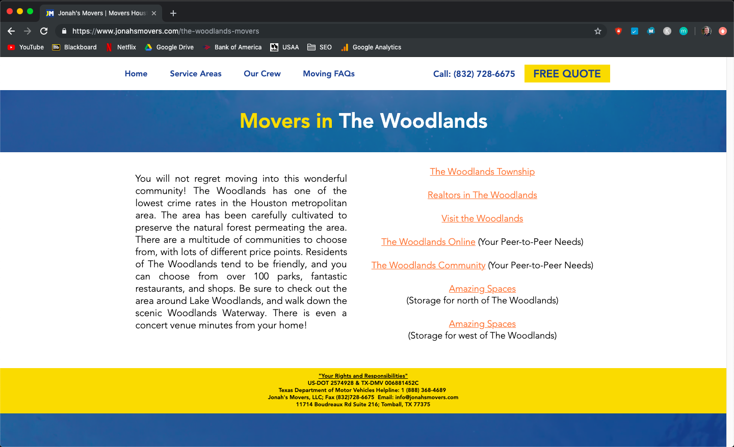Jonah's Movers service area page before the redesign