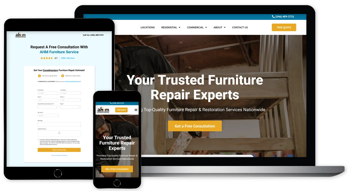AHM Furniture website on laptop and phone