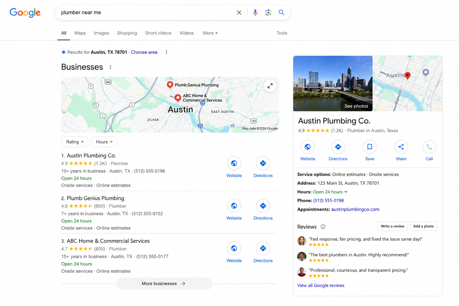 Local search and Google Maps results showing the business ranked at the top