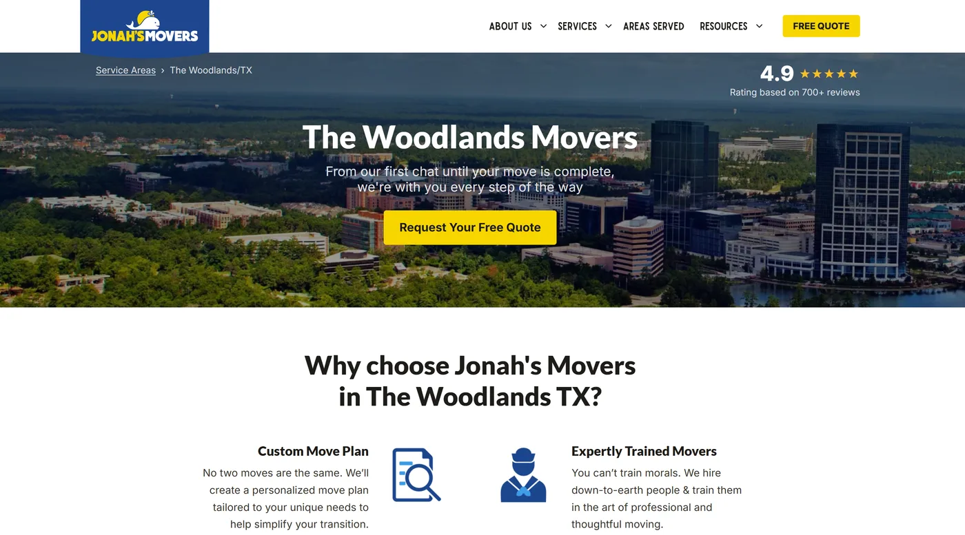 Jonah's Movers service area page after redesign