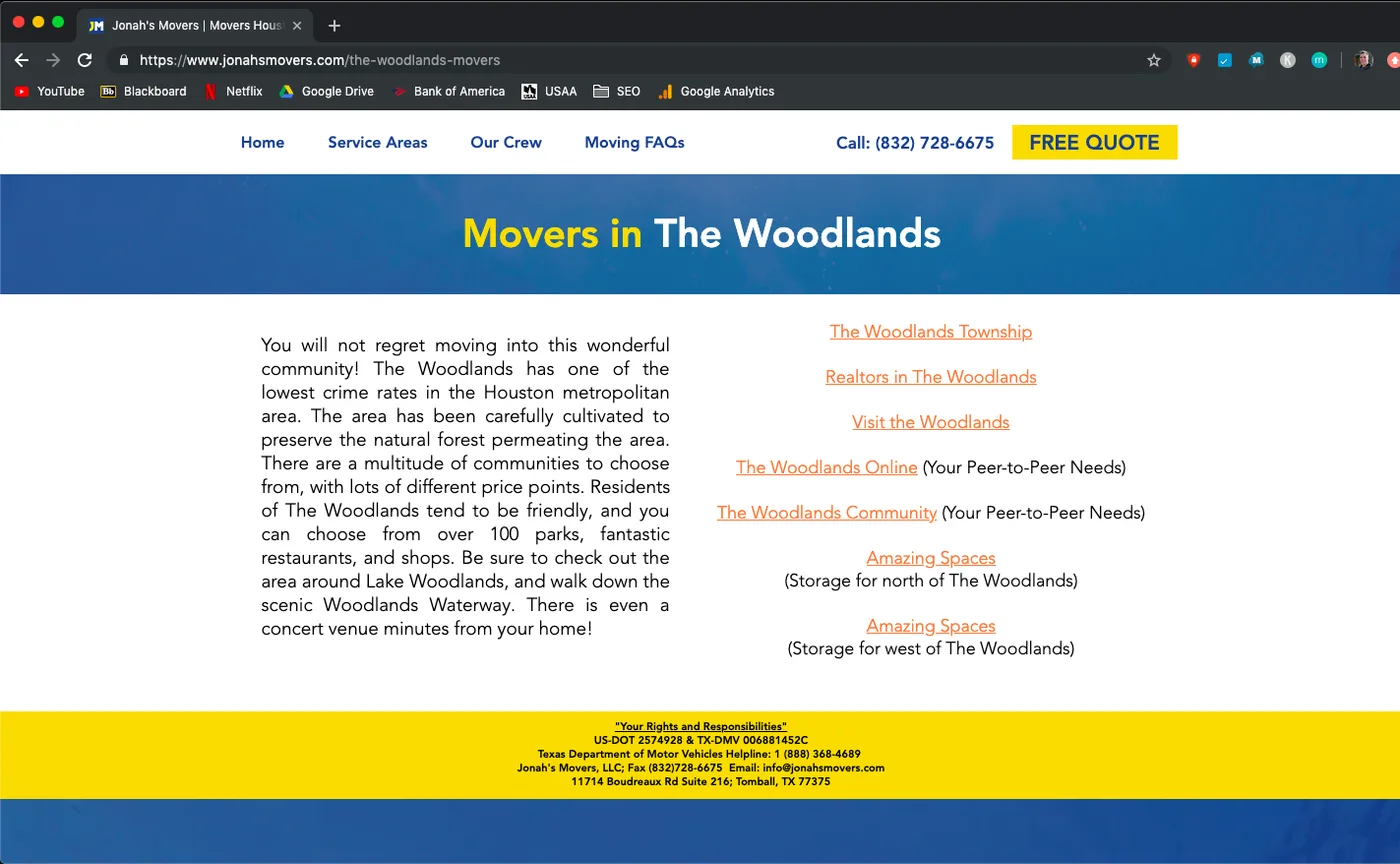 Jonah's Movers service area page before redesign