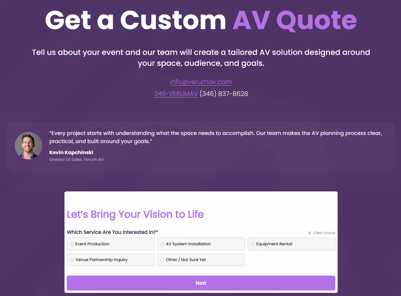 Verum AV custom quote form with Kevin, Director of Sales